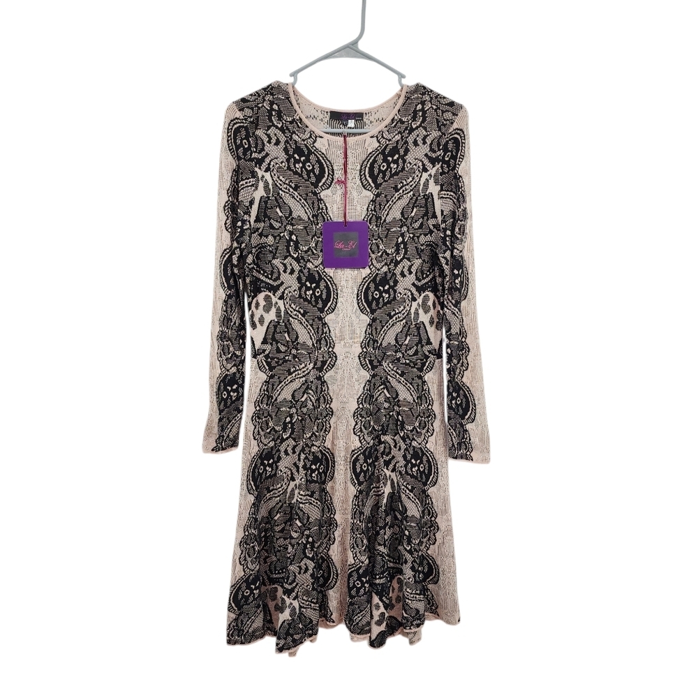 La - El Couture Women's Cream & Black Damask Wool Blend Shift Dress - L